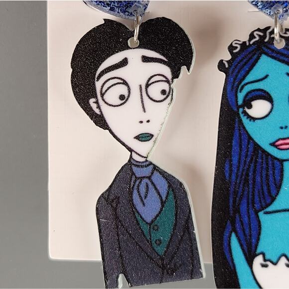 Corpse Bride Earring Victor Emily Blue Glitter Heart Dangle Fashion Jewelry 2.5" - Picture 3 of 10
